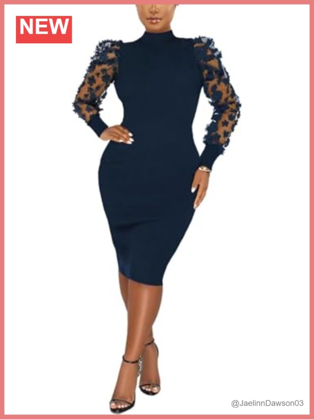 Mock Neck Sheer Mesh Puff Sleeve Ribbed Bodycon Midi Dress Formal Cocktail